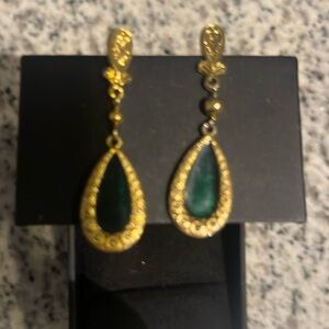Vintage Emerald Tear Drop Earrings Gold over sterling . No backs.